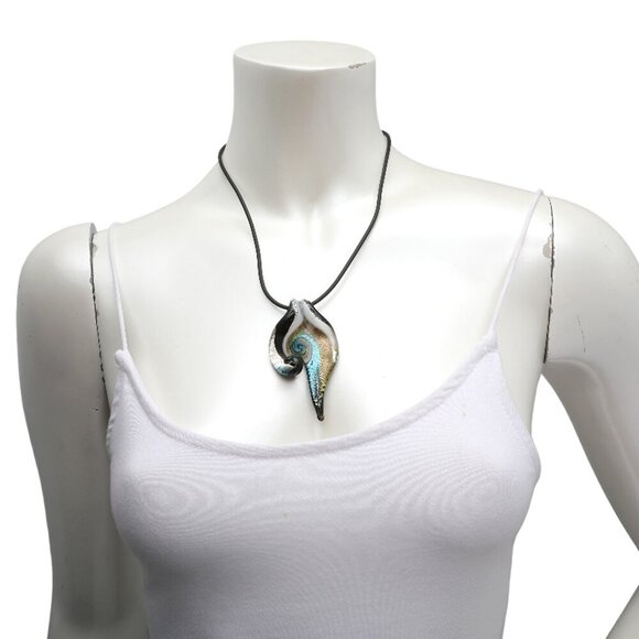 Art Glass Swirl Drop Pendant Necklace Murano Style Italy Gold Blue Black White - Picture 2 of 10